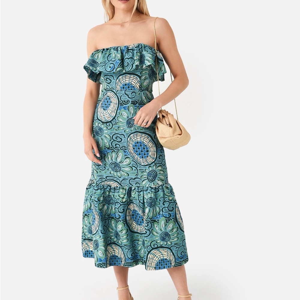 RHODE Strapless Blue and Green Midi Dress